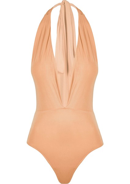 Derin Göğüs Dekolteli Bağlamalı Alttan Çıtçıtlı Ikonik Body - Turuncu