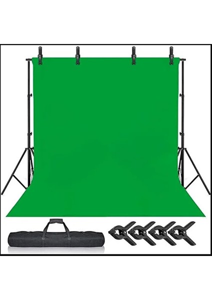 2 x 3 m Yeşil Fon Perde + Fon Standı Seti 4 Mandal Green Screen Background