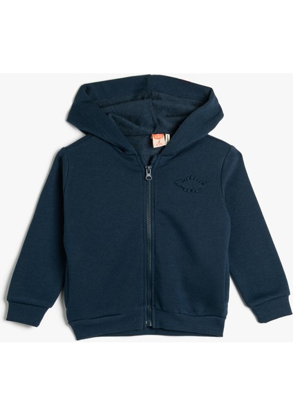 Basic Kapşonlu Sweatshirt Dinozor Aplike Detaylı Fermuarlı Şardonlu