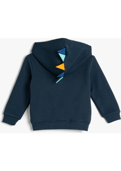 Basic Kapşonlu Sweatshirt Dinozor Aplike Detaylı Fermuarlı Şardonlu