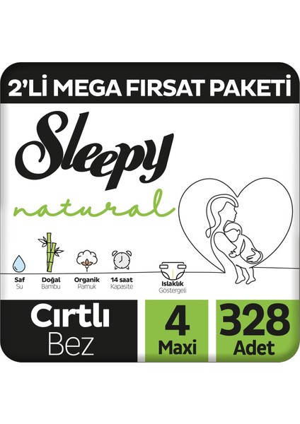 Natural 2'li Mega Fırsat Paketi Bebek Bezi 4 Numara Maxi 328 Adet