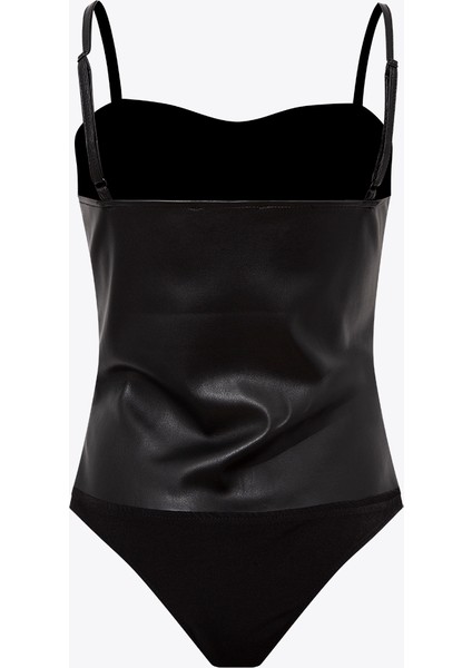 Çıtçıtlı Askılı Vegan Deri Body - Siyah