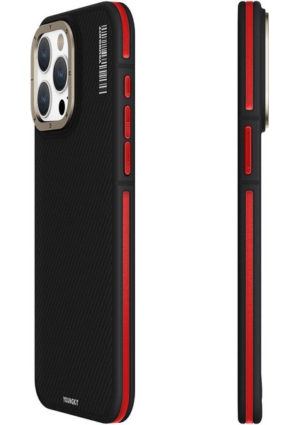 iPhone 15 Pro Max Uyumlu Kılıf Magsafe Şarj Özellikli Youngkit 600D Kevlar Kapak Kırmızı