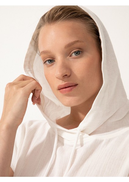 Oversize Kapüşonlu Panço-Elbise - Beyaz