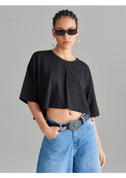 Oversize Crop T-Shirt - Siyah