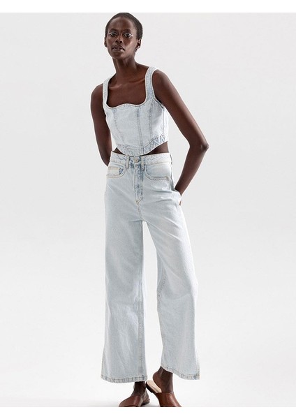 Paçaları Yırtmaçlı Yüksek Bel Wide Leg Jean - Mavi