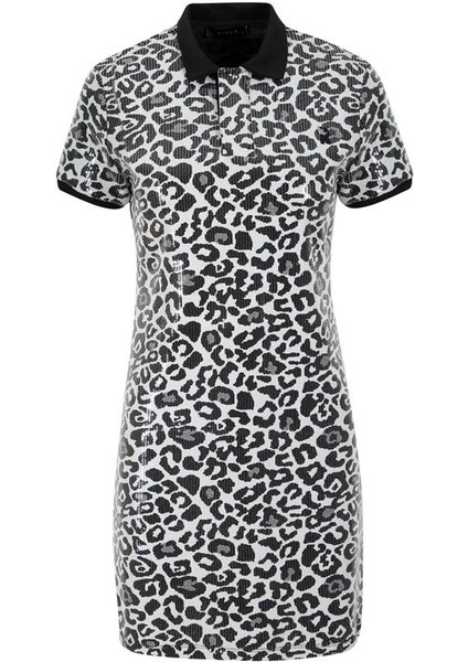 Leopar Payetli Polo Yaka Mini Elbise - Leopar Desenli