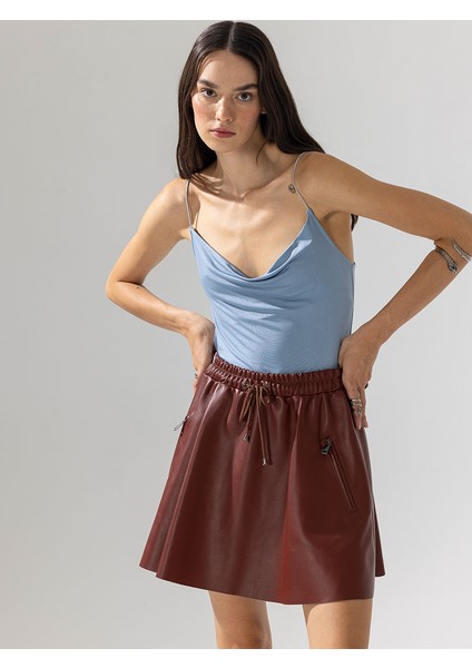 Ip Askılı Degaje Yaka Bodysuit - Mavi
