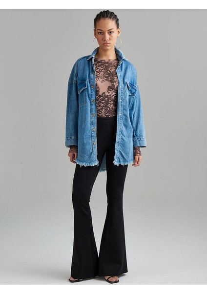 Oversize Truvakar Kol Denim Gömlek - Indigo