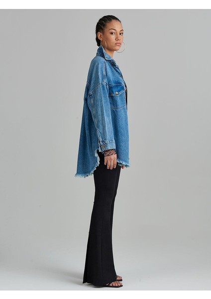 Oversize Truvakar Kol Denim Gömlek - Indigo
