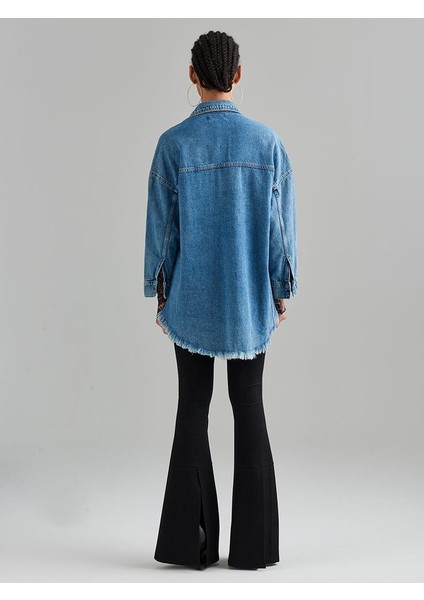Oversize Truvakar Kol Denim Gömlek - Indigo