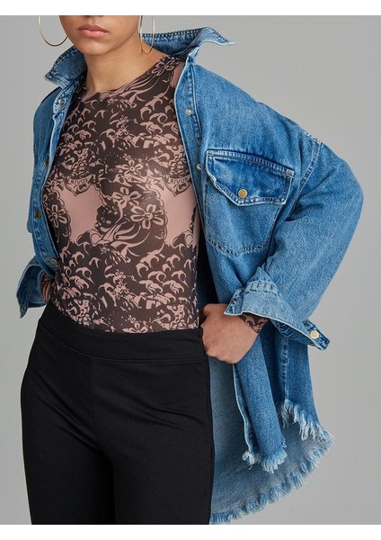 Oversize Truvakar Kol Denim Gömlek - Indigo
