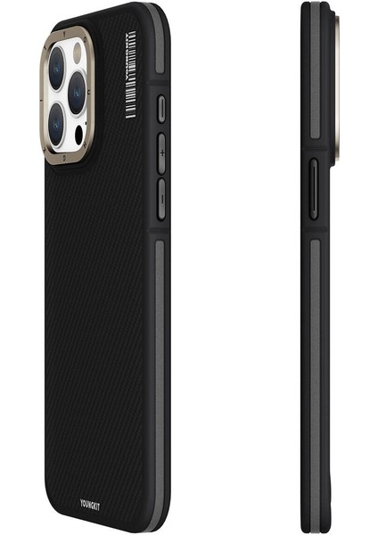 iPhone 15 Pro Uyumlu Kılıf Magsafe Şarj Özellikli Youngkit 600D Kevlar Kapak Siyah