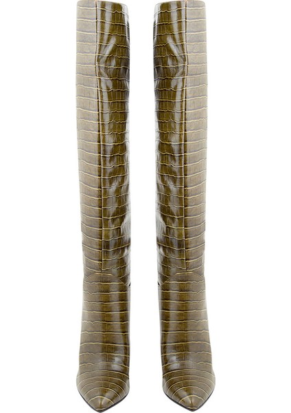 Yeşil Deri Kroko Topuklu Çizme - Yeşil modelleri