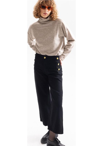 Yanları Süs Düğme Detaylı Flare Denim Pantolon - Siyah