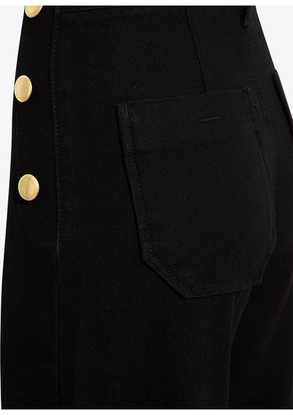 Yanları Süs Düğme Detaylı Flare Denim Pantolon - Siyah fırsatları