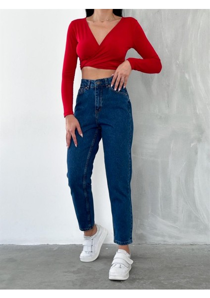 Kadın Düz Mom Kot Pantolon Koyu Mavi modelleri