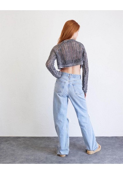 Kadın Sıfır Yaka Delikli Triko Kazak Antrasit modelleri