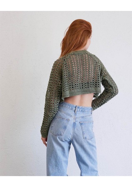 Kadın Sıfır Yaka Delikli Triko Kazak Haki fiyatları