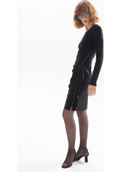Drape Detaylı Yandan Fermuarlı Elbise - Siyah modelleri