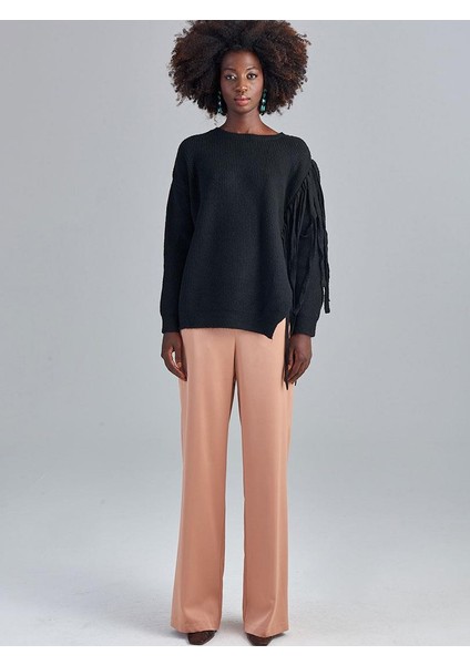 Beli Lastikli Bol Paça Saten Pantolon - Camel