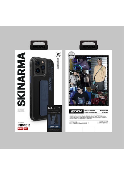 iPhone 15 Pro Uyumlu Kılıf Skinarma Standlı Deri Görünümlü Slate Kapak Mavi modelleri