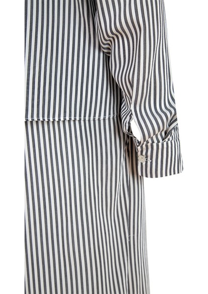 Önü Düğmeli Içi Astarlı Ikonik Viskon Gömlek Elbise - Çizgili fırsatları