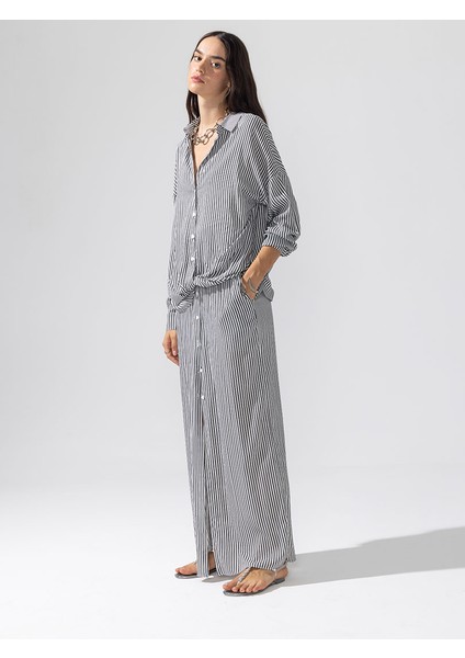 Önü Düğmeli Içi Astarlı Ikonik Viskon Gömlek Elbise - Çizgili indirimleri