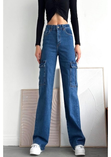 Kadın Kargo Cep Pantolon Mavi