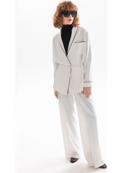 Beli Lastikli Bol Paça Saten Pantolon - Ekru