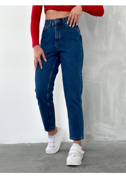 Kadın Düz Mom Kot Pantolon Koyu Mavi