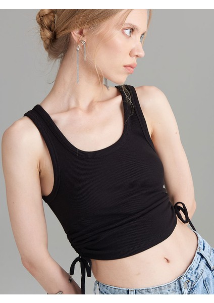 Yanları Büzgülü Kaşkorse Atlet - Siyah