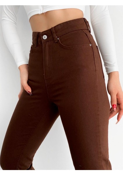 Kadın Düz Mom Kot Pantolon Kahverengi fiyatları