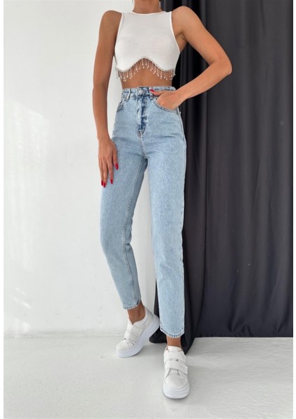 Kadın Düz Mom Kot Pantolon Açık Mavi