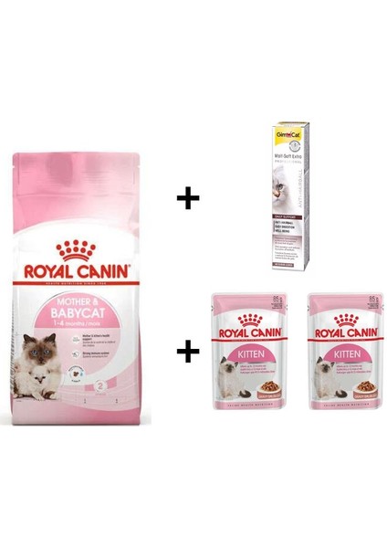 Mother Babycat Yavru Kuru Kedi Maması 2 kg + 2 Adet Rc Yaş Mama 85 gr + 20 gr Gimcat Malt