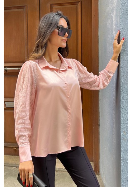 Kolu Dantel Detaylı Rose Gold Saten Gömlek modelleri
