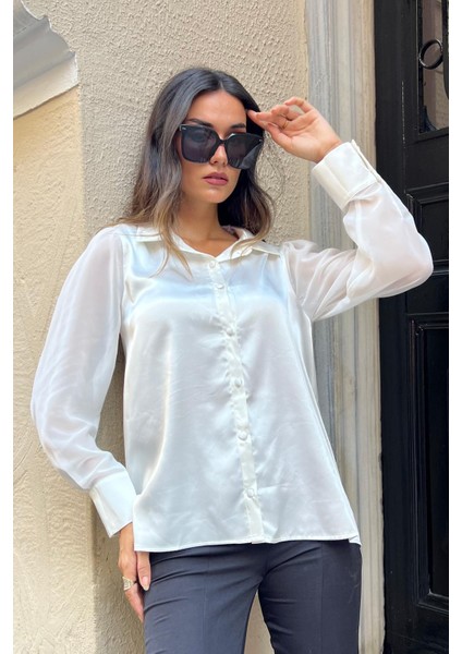 Kolu Şifon Detaylı Beyaz Saten Gömlek modelleri