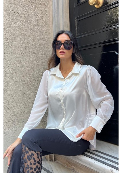 Kolu Şifon Detaylı Beyaz Saten Gömlek fırsatları