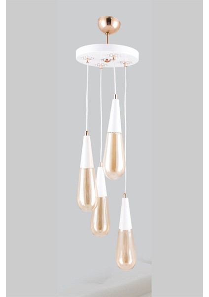 3'lü Beyaz / Gold Renk Metal Bal Renk Camlı Sarkıt Avize