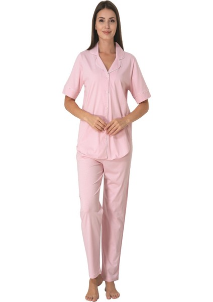 Pembe Önden Düğmeli Kadın Pijama Takımı