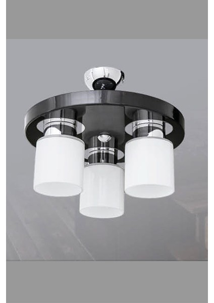 3'lü Siyah Metal E27 Duy Camlar Beyaz Renk Yuvarlak Tepsili Sarkıt Avize