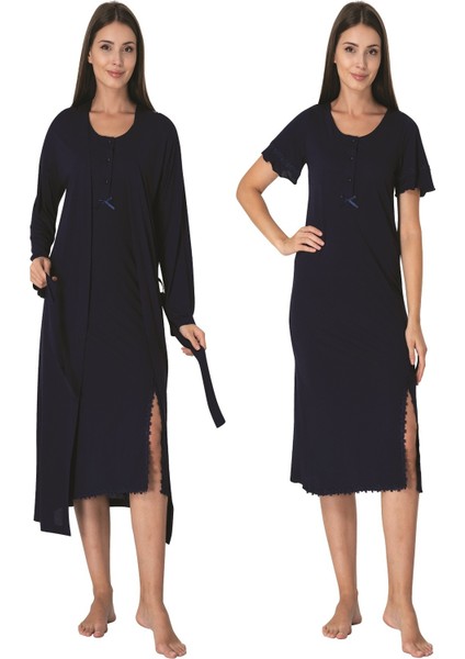 Lacivert Sabahlıklı Hamile Lohusa Gecelik Takım