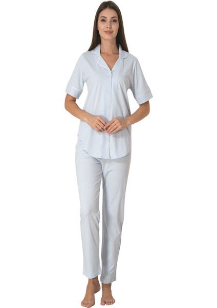 Mavi Önden Düğmeli Kadın Pijama Takımı