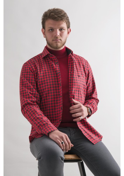 Slim Fit Pamuklu Bitik Kareli Kışlık Kalın Kumaş Erkek Gömlek