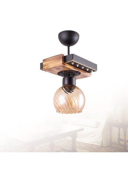 Tekli E27 Duy Siyah Renk Metal Eskitme Ahşap Retro Bal Camlı LED Tepsili Avize