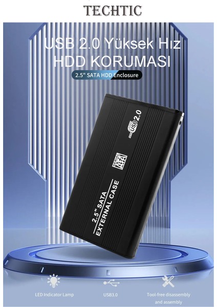 2.5 Inç USB 2.0 Sata Harici HDD Harddisk Kutusu SSD Alüminyum Metal Disk