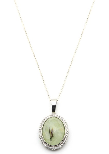 Prehnite Doğal Taş Gümüş Renkli Kolye