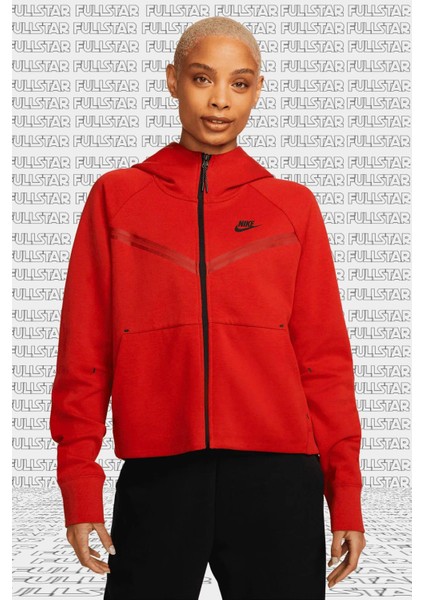 Tech Fleece Windrunner Full Zip Hoodie Kapüşonlu Kadın Sweatshirt Kırmızı