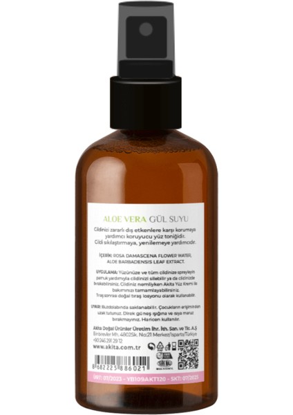 % 100 Doğal Aloe Vera Gül Suyu Cam Şişe 100 ml