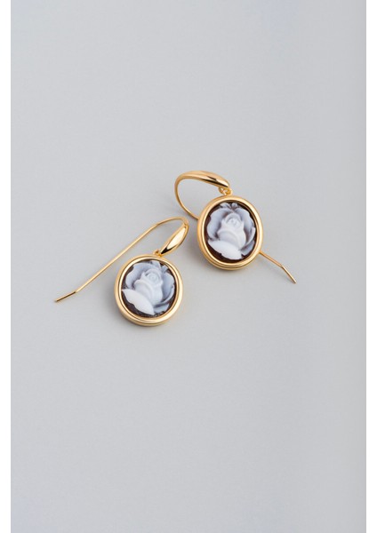 Cameo Italiano Beyaz Gül 18 Ayar Sarı Altın Kaplama Gümüş Küpe